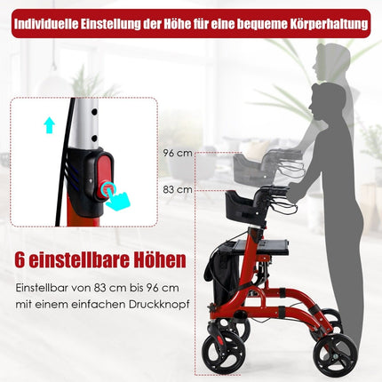 2 in 1 Travel Rollator with Seat & Bag & Stick Holder Foldable & Lightweight Red