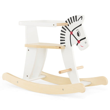 Dřevěný houpací kůň zebra 2 v 1 s odnímatelnými zábranami a opěradlem, bílá