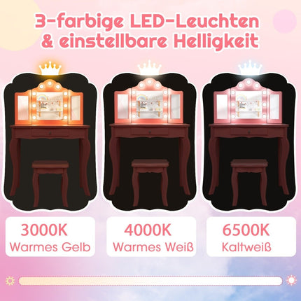 Dětský toaletní stolek 2 v 1 s LED osvětlením, sklápěcím zrcadlem a zásuvkami, bílá