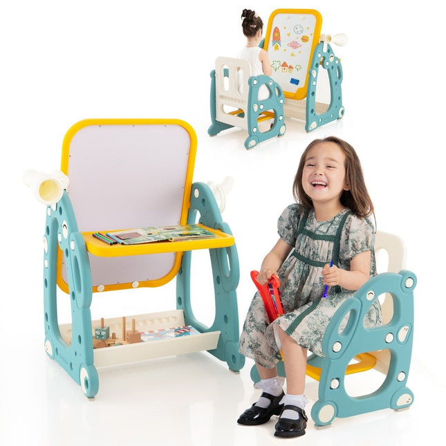 2 in 1 children's easel with 3-level adjustable whiteboard and painting accessories blue + yellow
