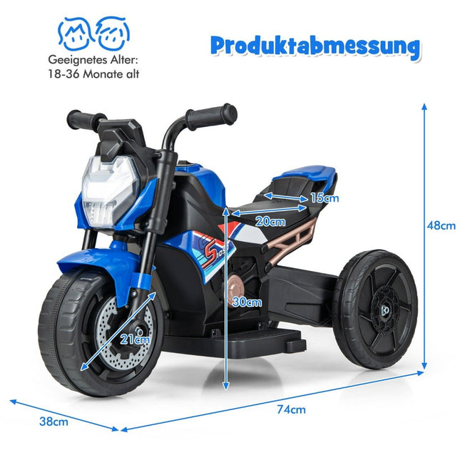 2v1 dětská elektrická motorka s odnímatelnými pomocnými kolečky, světlomety, hudbou a klaksonem, modrá, 74 x 38 x 48 cm