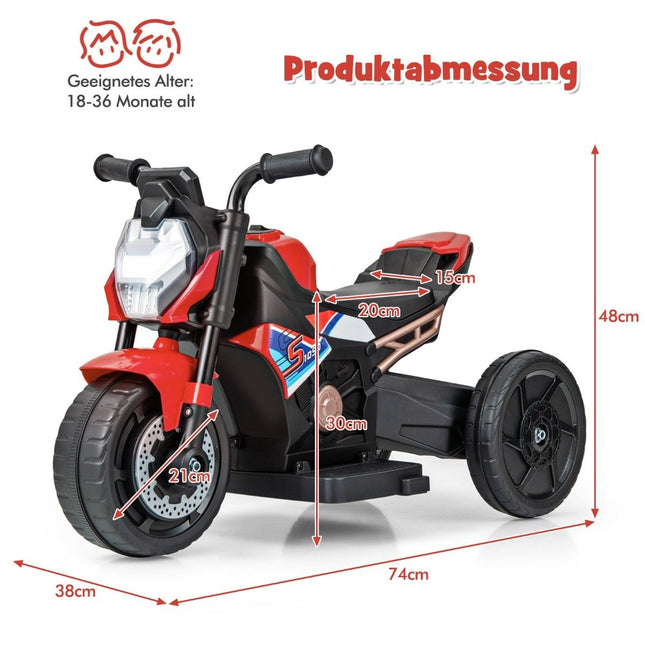 2v1 dětská elektrická motorka s odnímatelnými pomocnými kolečky, světlomety, hudbou a klaksonem, červená, 74 x 38 x 48 cm