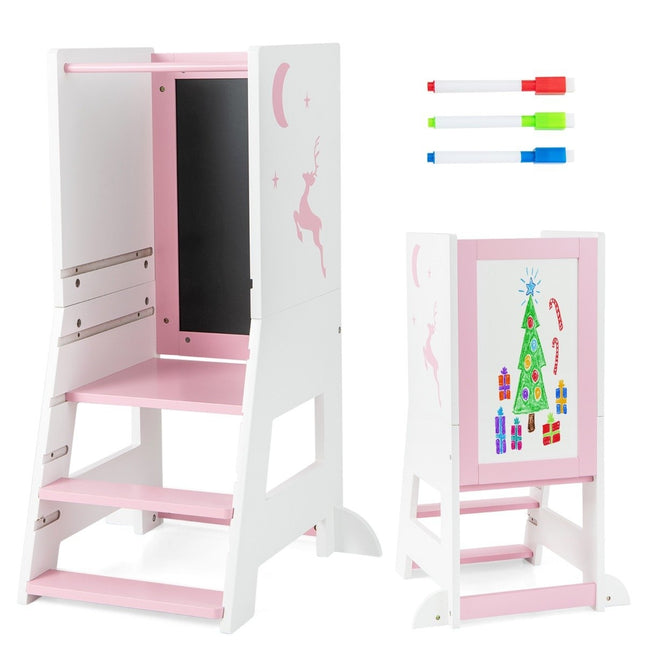 2 in 1 children's learning tower with double-sided board &amp; 3 Adjustable Heights Kitchen Stool Step Stool Pink