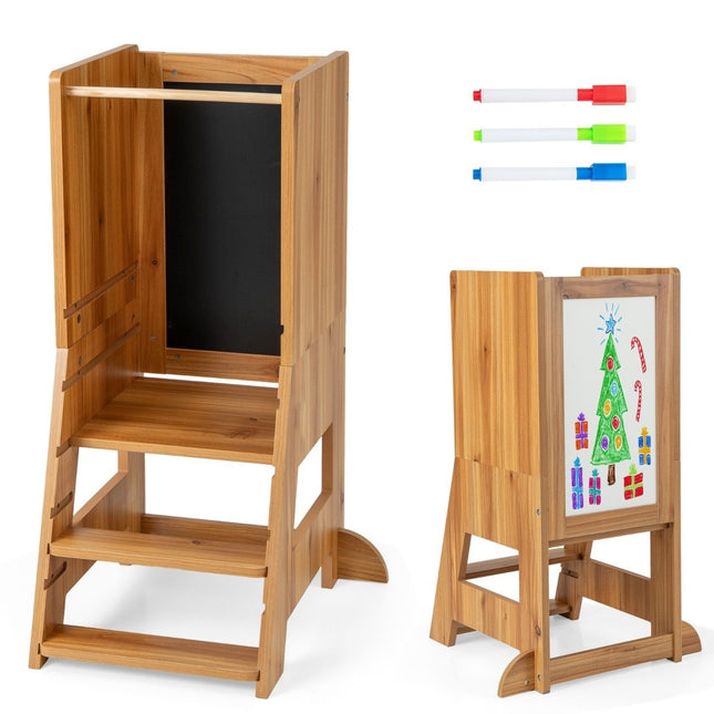 2 in 1 children's learning tower with double-sided board &amp; 3 adjustable heights kitchen stool step stool natural