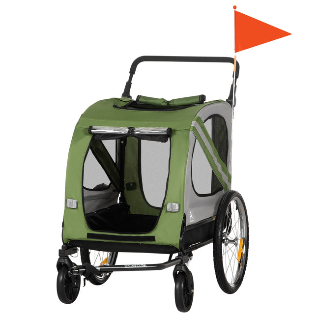 2-in-1 hondenkar & hondenbuggy, hondenfietskar, hondenbuggy met reflectoren voor middelgrote honden tot 20 kg, Oxford stof, groen