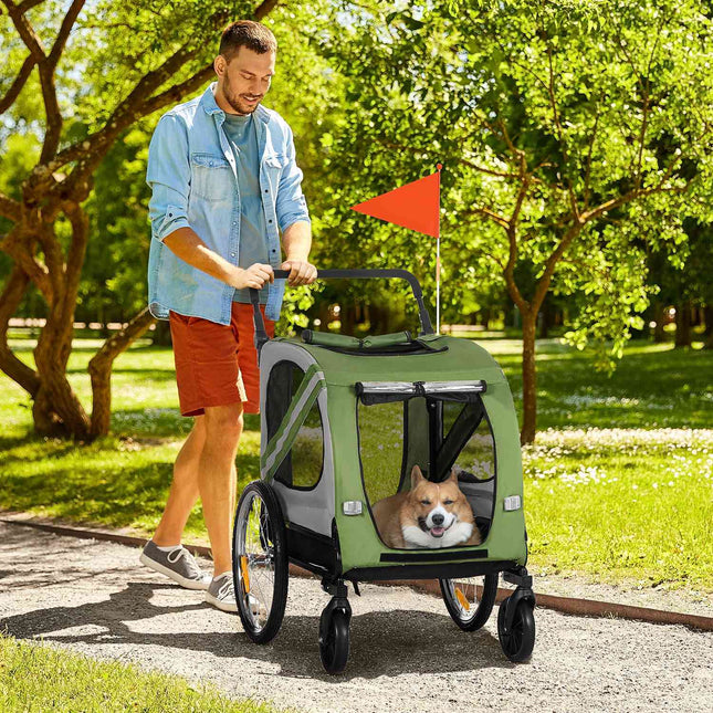 2-in-1 hondenkar & hondenbuggy, hondenfietskar, hondenbuggy met reflectoren voor middelgrote honden tot 20 kg, Oxford stof, groen