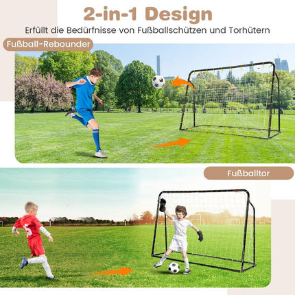 Fotbalová branka a odrazová stěna 2 v 1, 187 x 60 x 102-122.5 cm, dětská fotbalová branka, výškově nastavitelná, černá