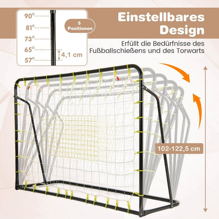 Fotbalová branka a odrazová stěna 2 v 1, 187 x 60 x 102-122.5 cm, dětská fotbalová branka, výškově nastavitelná, černá