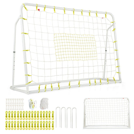 Fotbalová branka a odrazová stěna 2 v 1, 187 x 60 x 102-122.5 cm, dětská fotbalová branka, výškově nastavitelná, bílá