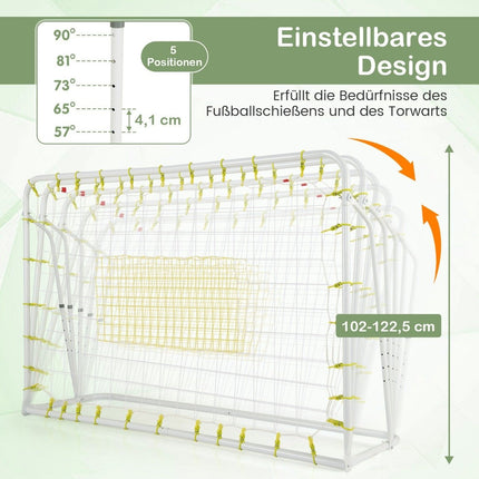 Fotbalová branka a odrazová stěna 2 v 1, 187 x 60 x 102-122.5 cm, dětská fotbalová branka, výškově nastavitelná, bílá