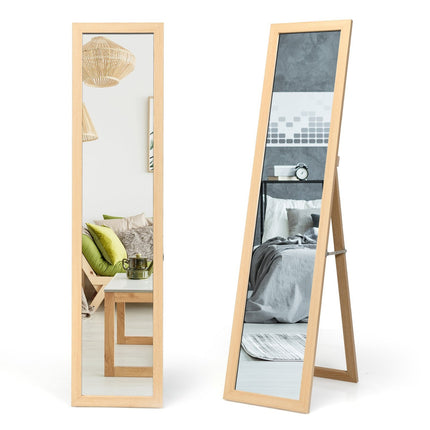 Celopostavové zrcadlo 2 v 1, stojací a nástěnné zrcadlo s dřevěným rámem 37 x 155 cm, přírodní
