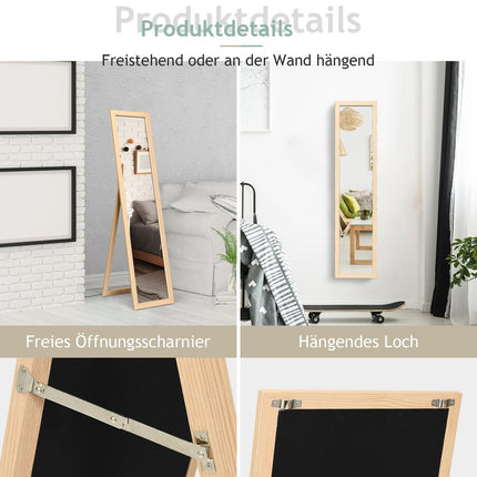 Celopostavové zrcadlo 2 v 1, stojací a nástěnné zrcadlo s dřevěným rámem 37 x 155 cm, přírodní