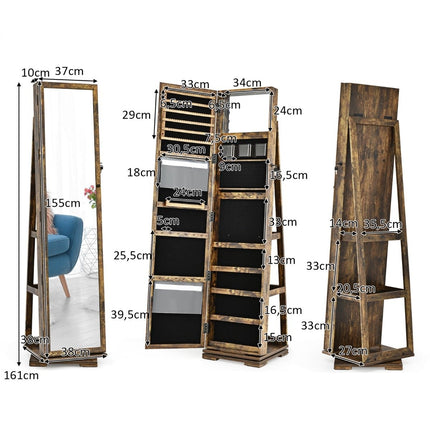 Šperkovnice a žebříkový regál 2 v 1 s celopostavovým zrcadlem 39 x 39 x 161 cm, hnědá