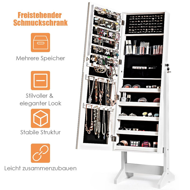 Šperkovnice se zrcadlem 2 v 1, uzamykatelný organizér na šperky 41 x 36.5 x 146 cm, bílá