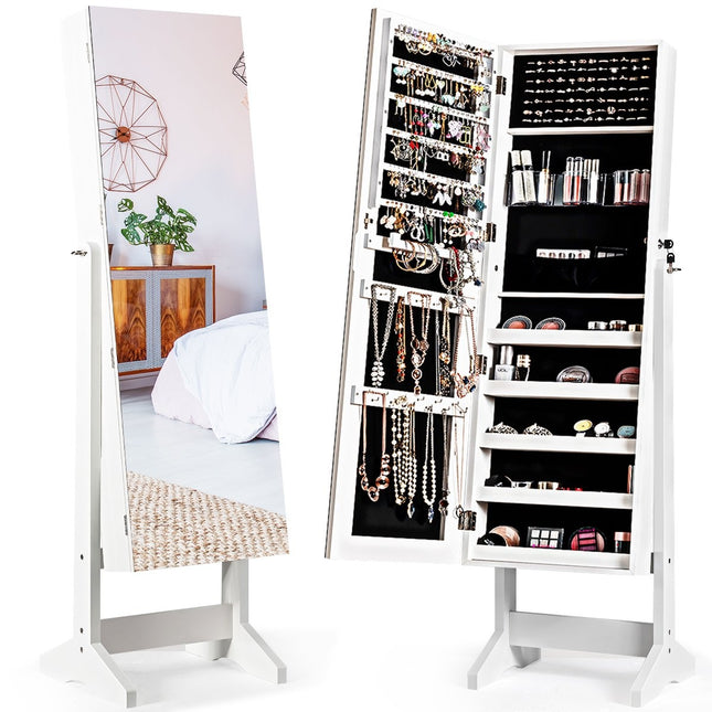 Šperkovnice se zrcadlem 2 v 1, uzamykatelný organizér na šperky 41 x 36.5 x 146 cm, bílá