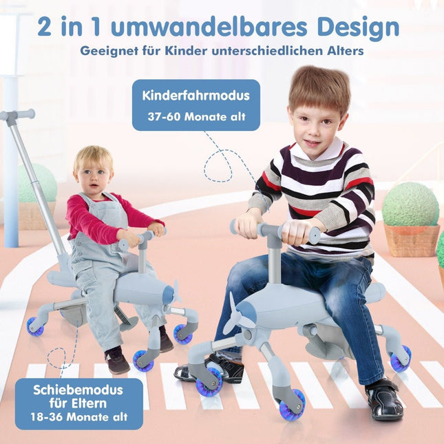2-in-1 push car for children push car in airplane motif with LED illuminated wheels portable up to 50kg blue