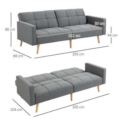 Rozkládací pohovka 2 v 1, 205 x 88 cm, pohovka s funkcí spaní, sedák s polštářem, vzhled lnu, šedá