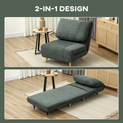 Green adjustable corduroy folding sofa bed - 82 x 89 x 83 cm