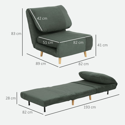 Green adjustable corduroy folding sofa bed - 82 x 89 x 83 cm