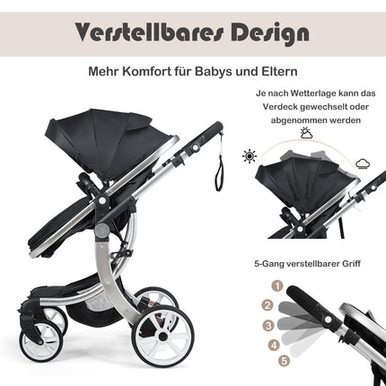 2 in 1 Kinderwagen faltbarer Kombikinderwagen mit verstellbarer Rückenlehne Schwarz
