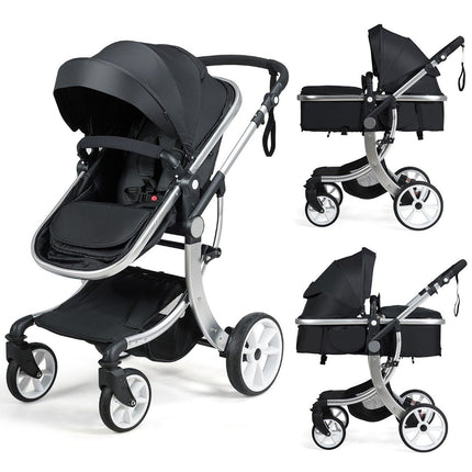 2 in 1 Kinderwagen faltbarer Kombikinderwagen mit verstellbarer Rückenlehne Schwarz