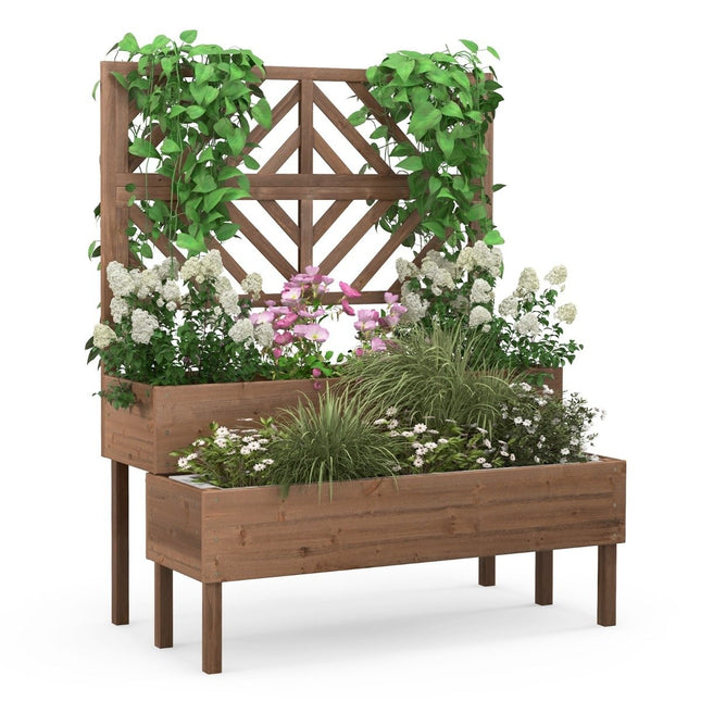 2-laags tuinbed met trellis, houten verhoogde plantenbak met poten, drainagegat, plantenbak, bruin