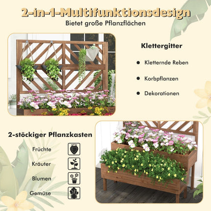 2patrový vyvýšený záhon s treláží, dřevěný truhlík na nohách, drenážní otvor, nádoba na rostliny, hnědý