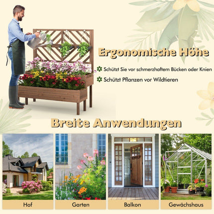 2patrový vyvýšený záhon s treláží, dřevěný truhlík na nohách, drenážní otvor, nádoba na rostliny, hnědý