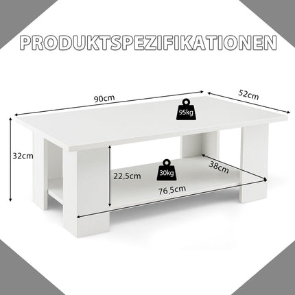 2patrový konferenční stolek ze dřeva, odkládací stolek, nosnost až 125 kg, 90 x 52 x 32 cm, bílá