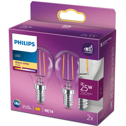 2 ks LED žárovka E14 globe 2W (25W) čirá 250lm