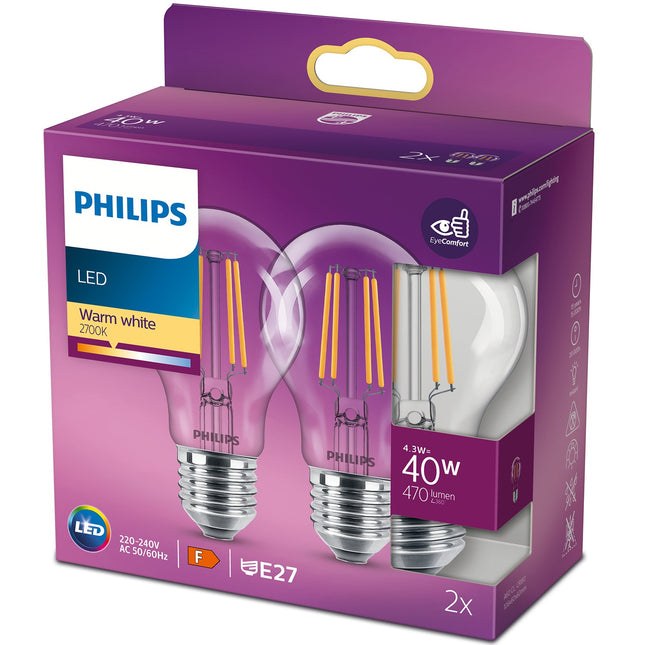 2 ks LED žárovka E27 klasická 4.3W (40W) čirá 470lm