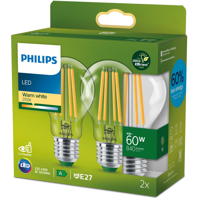 2 ks LED žárovka E27 klasická 4W (60W) čirá 840lm 2700K energetická třída A