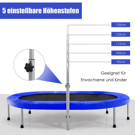 Trampolína pro 2 osoby s výškově nastavitelným madlem, minitrampolína 154 x 90 x 92 -132 cm, modrá