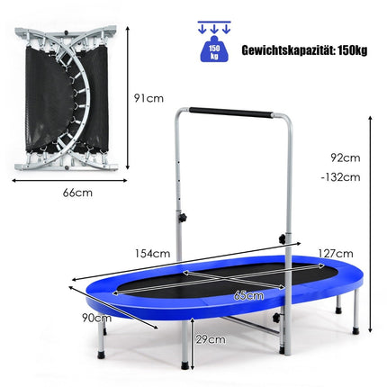 Trampolína pro 2 osoby s výškově nastavitelným madlem, minitrampolína 154 x 90 x 92 -132 cm, modrá
