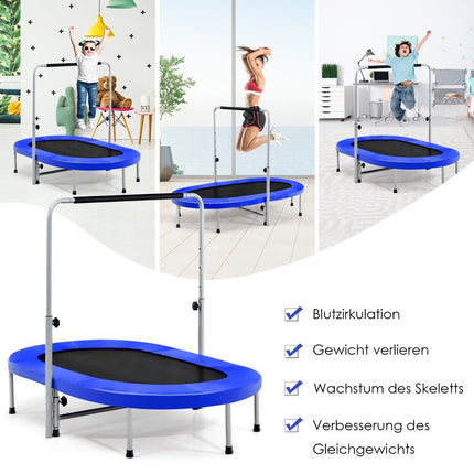 Trampolína pro 2 osoby s výškově nastavitelným madlem, minitrampolína 154 x 90 x 92 -132 cm, modrá