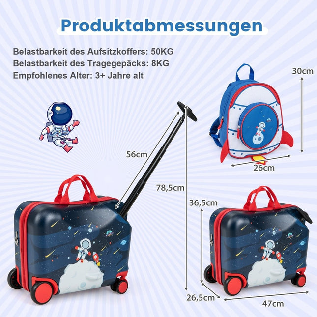 2dílný dětský kufr + batoh, 47 cm dlouhý kufr na ježdění a 30 cm široký batoh 12"+18", astronauti