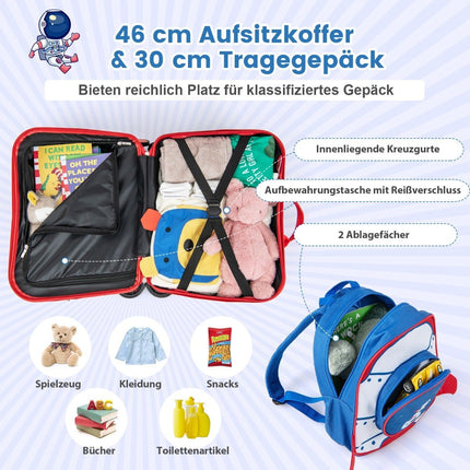 2dílný dětský kufr + batoh, 47 cm dlouhý kufr na ježdění a 30 cm široký batoh 12"+18", astronauti