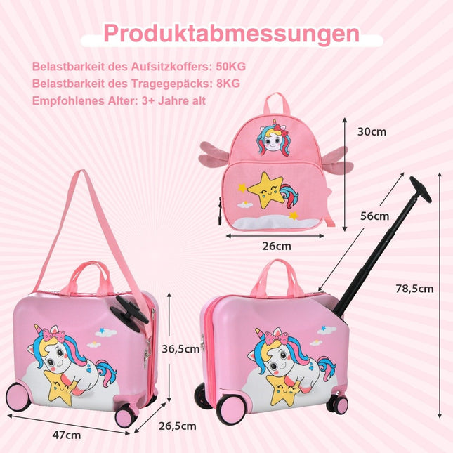 2-delige kinderkoffer + rugzak 47 cm lang ride-on koffer en 30 cm brede rugzak roze eenhoorn