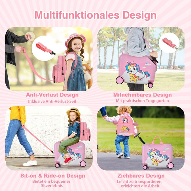 2-delige kinderkoffer + rugzak 47 cm lang ride-on koffer en 30 cm brede rugzak roze eenhoorn