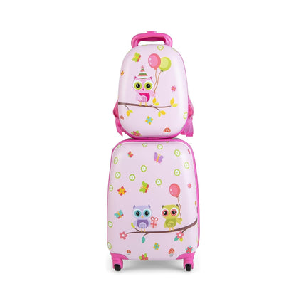 2dílný dětský kufr + batoh z plastu, dětský trolley 12"+16", růžoví ptáčci