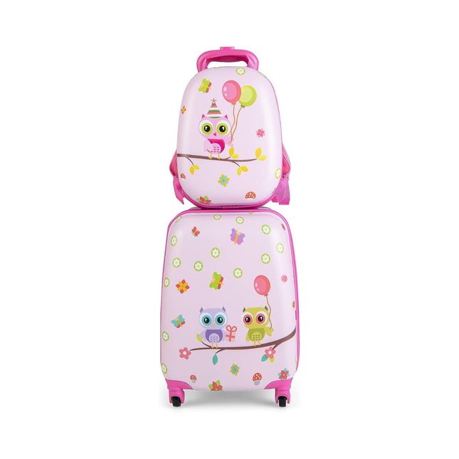 2dílný dětský kufr + batoh z plastu, dětský trolley 12"+16", růžoví ptáčci