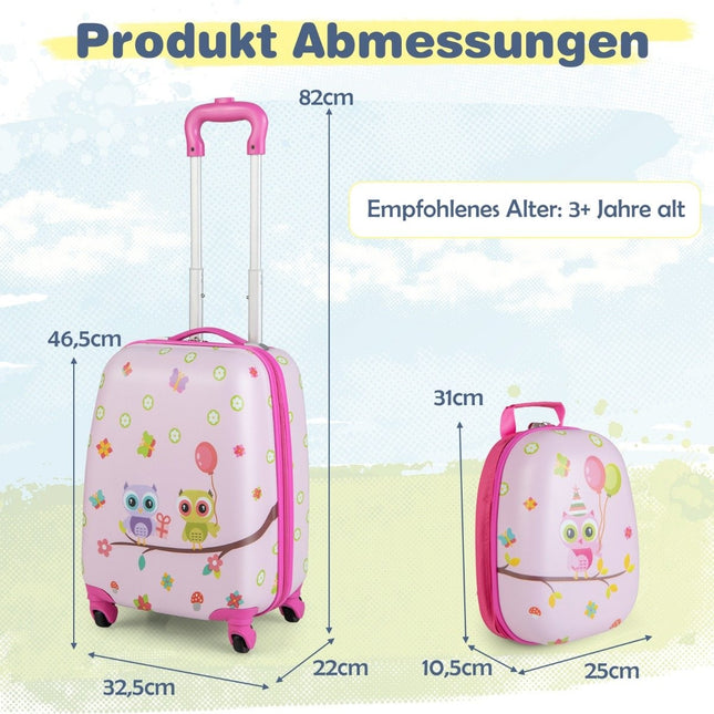 2dílný dětský kufr + batoh z plastu, dětský trolley 12"+16", růžoví ptáčci
