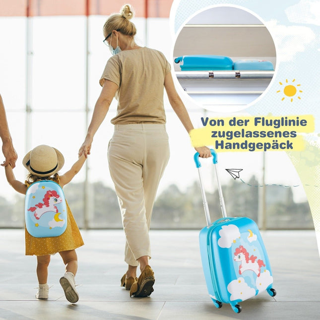 2-delige kinderkoffer + rugzak van kunststof kindertrolley kinderbagage 12" + 16" blauw paard