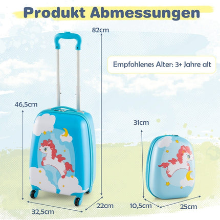 2dílný dětský kufr + batoh z plastu, dětský trolley, dětské zavazadlo 12"+16", modrý koník
