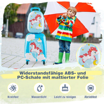 2dílný dětský kufr + batoh z plastu, dětský trolley, dětské zavazadlo 12"+16", modrý koník