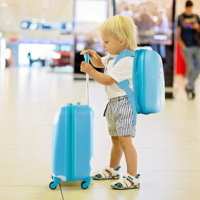 2-delige kinderkoffer + rugzak van kunststof kindertrolley kinderbagage 12" + 16" blauwe eenhoorn