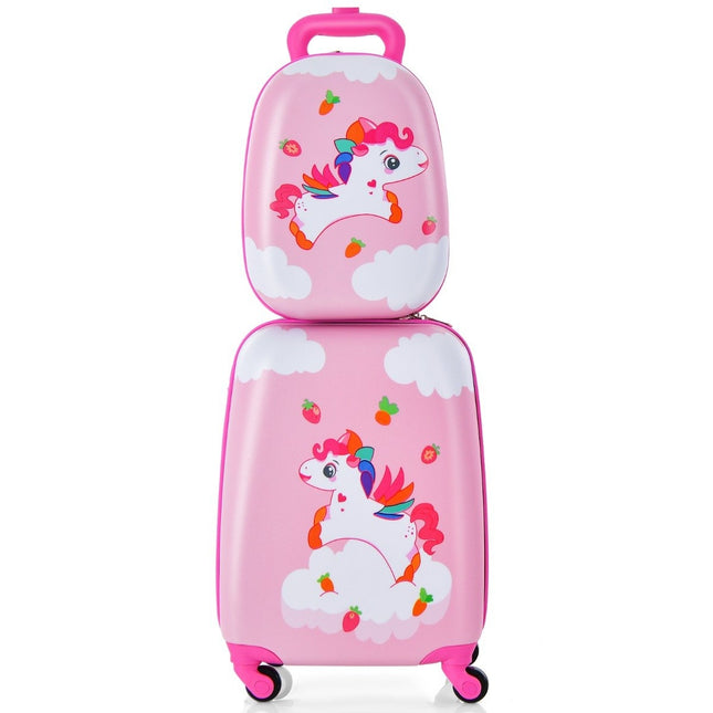 2dílný dětský kufr + batoh z plastu, dětský trolley, dětské zavazadlo 12"+16", růžový jednorožec