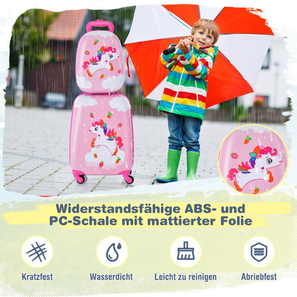 2dílný dětský kufr + batoh z plastu, dětský trolley, dětské zavazadlo 12"+16", růžový jednorožec