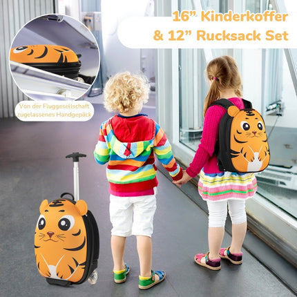 2dílný dětský kufr a batoh s kolečky a 3stupňovou teleskopickou rukojetí 12"+16", dětský trolley Tygr