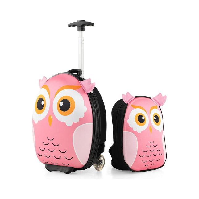 2-delige kinderkoffer & rugzak met wielen & 3-traps telescopisch handvat 12"+16" kindertrolley uil